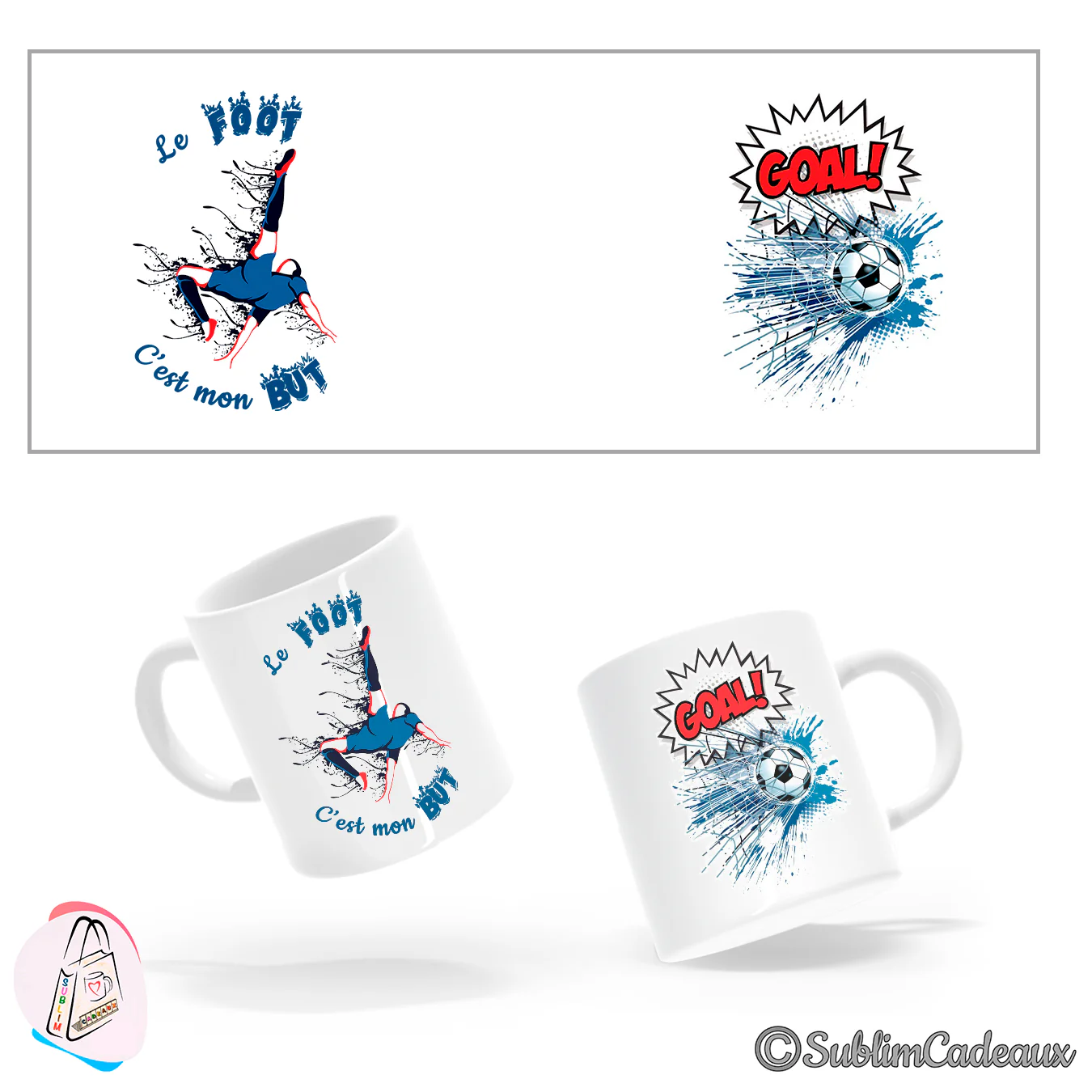 Mug en céramique blanche imprimé d'un footballeur en bicyclette et d'un ballon avec « GOAL! », tons bleu et rouge