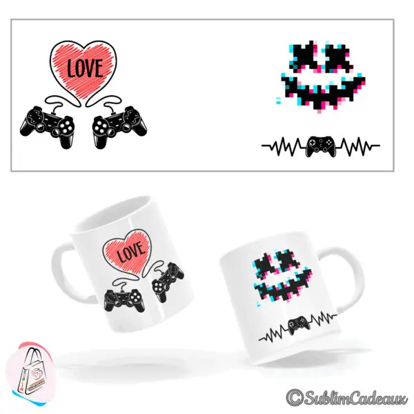 Mug en céramique blanche imprimé d'un coeur rouge « LOVE » avec deux manettes et d'un smiley pixelisé cyan et rose