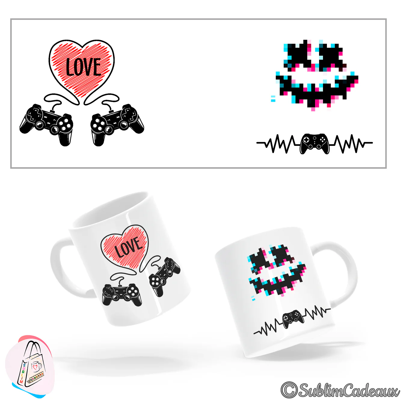 Mug en céramique blanche imprimé d'un coeur rouge « LOVE » avec deux manettes et d'un smiley pixelisé cyan et rose