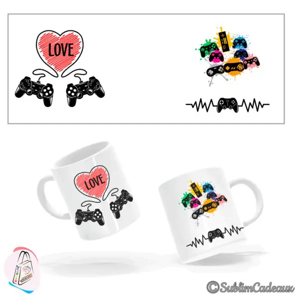 Mug en céramique blanche imprimé d'un coeur rouge « LOVE » et d'une grappe de manettes de jeu multicolores
