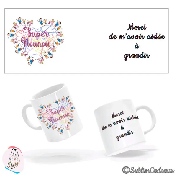 Mug en céramique blanche imprimé d'un coeur formé d'enfants se tenant la main et du texte « Super Nounou »