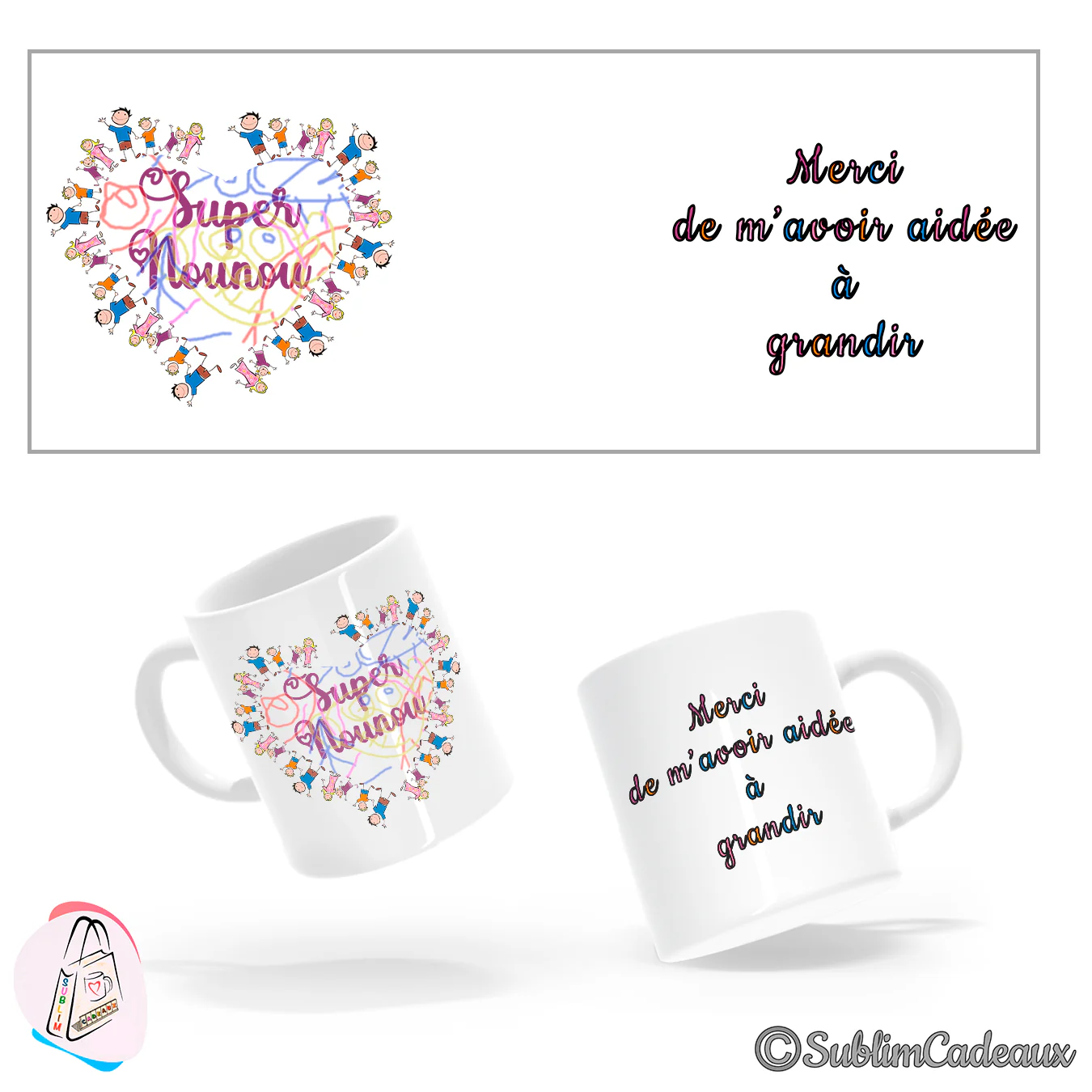 Mug en céramique blanche imprimé d'un coeur formé d'enfants se tenant la main et du texte « Super Nounou »