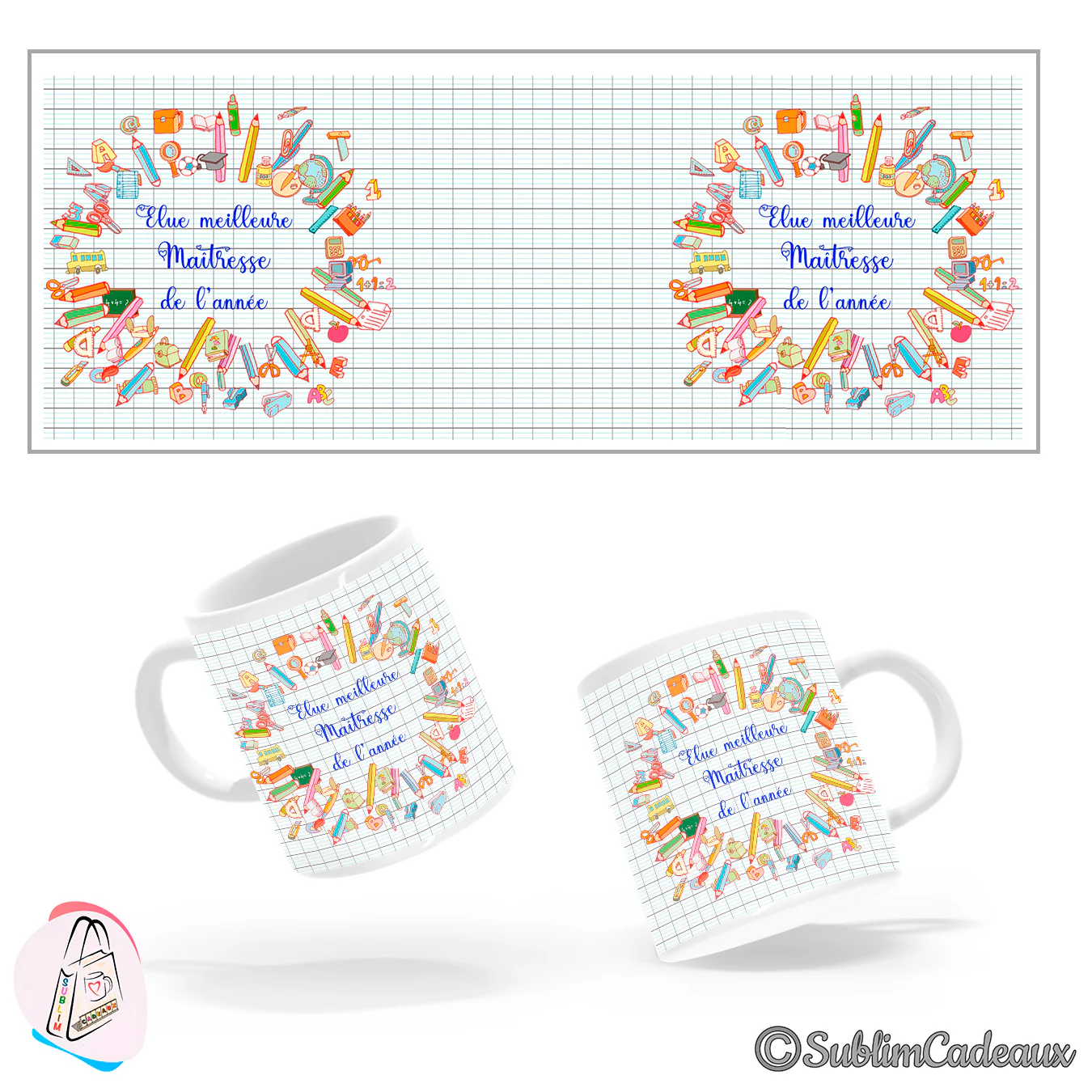 Mug en céramique blanche imprimé Élue meilleure Maîtresse de l'année en bleu, entouré d'une couronne de fournitures scolaires