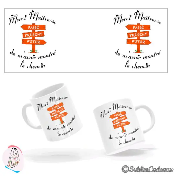 Mug en céramique blanc imprimé d'un panneau directionnel orange passé présent futur et du texte Merci Maîtresse