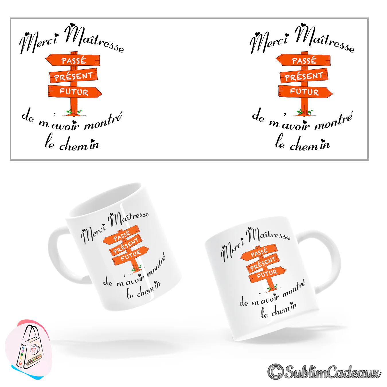 Mug en céramique blanc imprimé d'un panneau directionnel orange passé présent futur et du texte Merci Maîtresse