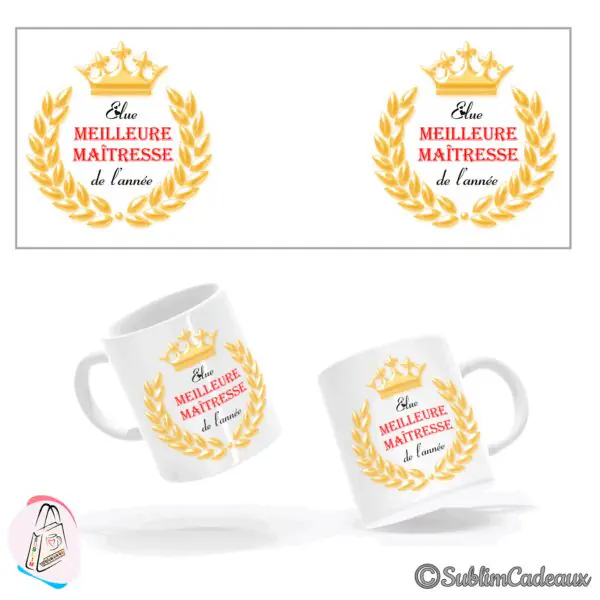 Mug en céramique blanc imprimé d'une couronne de laurier dorée et du texte rouge Élue meilleure maîtresse de l'année