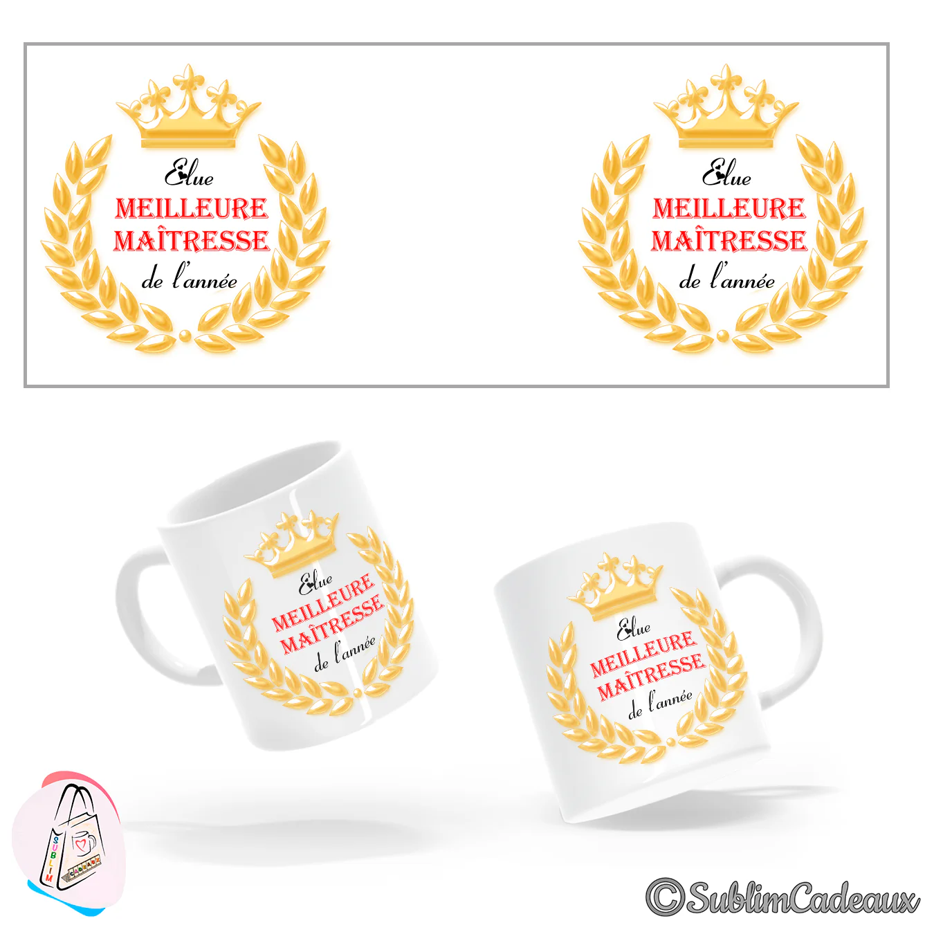 Mug en céramique blanc imprimé d'une couronne de laurier dorée et du texte rouge Élue meilleure maîtresse de l'année