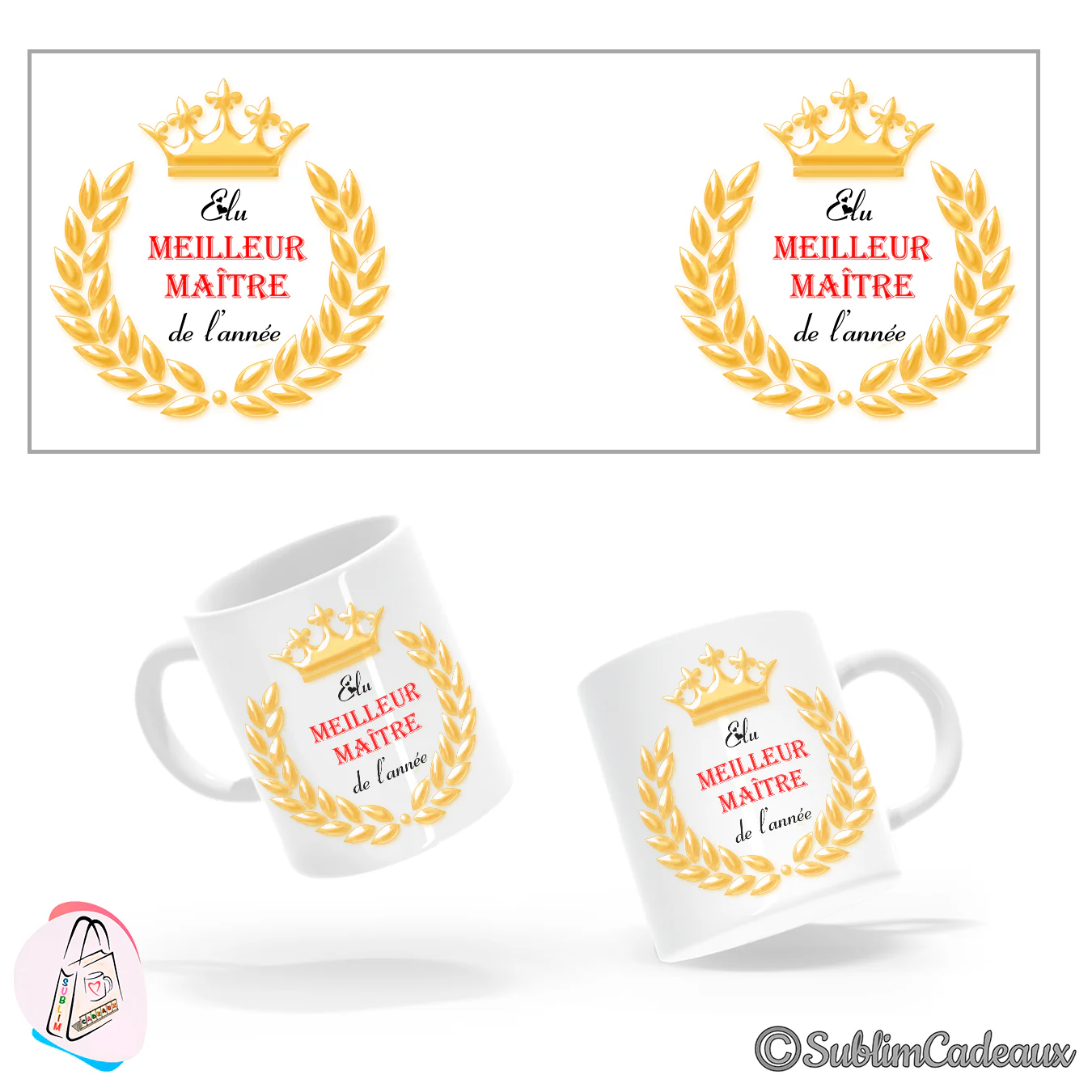 Mug en céramique blanche imprimé couronne et lauriers dorés, texte Élu meilleur maître de l'année