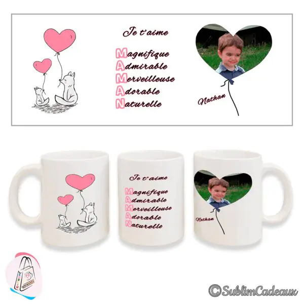 Mug imprimé de renards blancs, de ballons cœur roses, de l'acrostiche « MAMAN » et d'une photo de garçon en ballon cœur