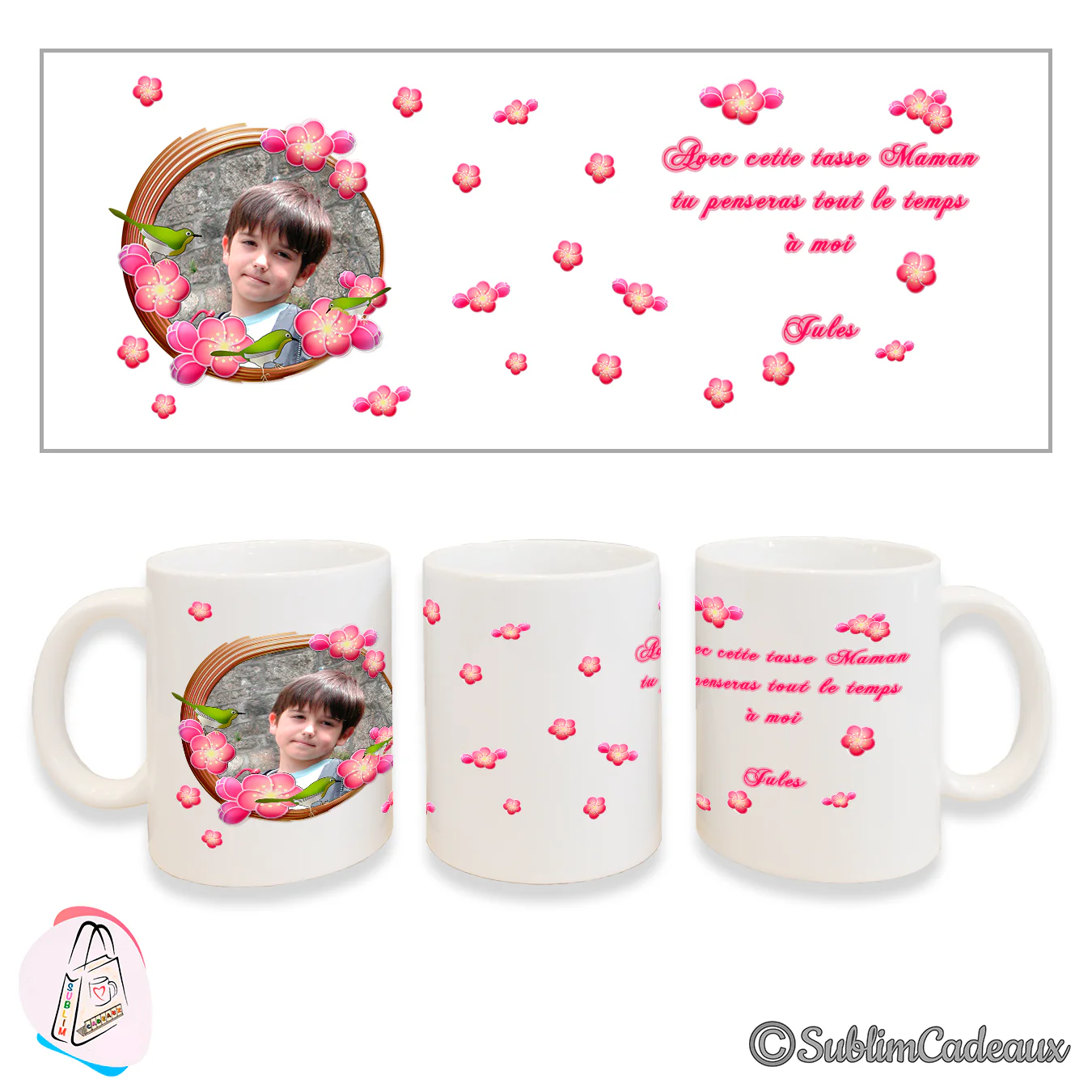 Mug imprimé de fleurs de cerisier roses, de petits oiseaux verts et d'une photo de garçon dans un cadre rond, texte rose