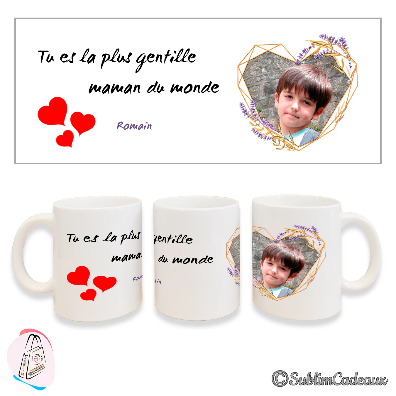 Mug imprimé du texte « Tu es la plus gentille maman du monde », de cœurs rouges et d'une photo de garçon en cadre cœur doré