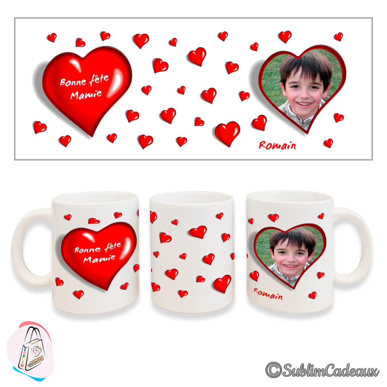 Mug blanc imprimé de petits cœurs rouges, grand cœur « Bonne fête Mamie » et cadre cœur avec la photo d'un garçon