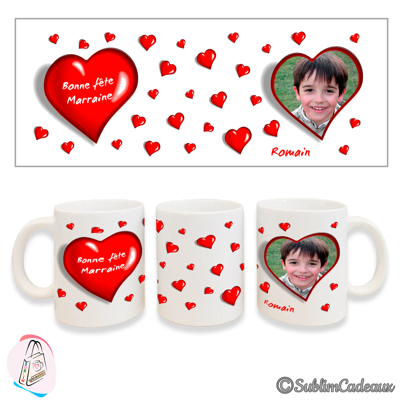 Mug blanc semé de cœurs rouges, grand cœur « Bonne fête Marraine » et cadre en forme de cœur avec la photo d'un garçon