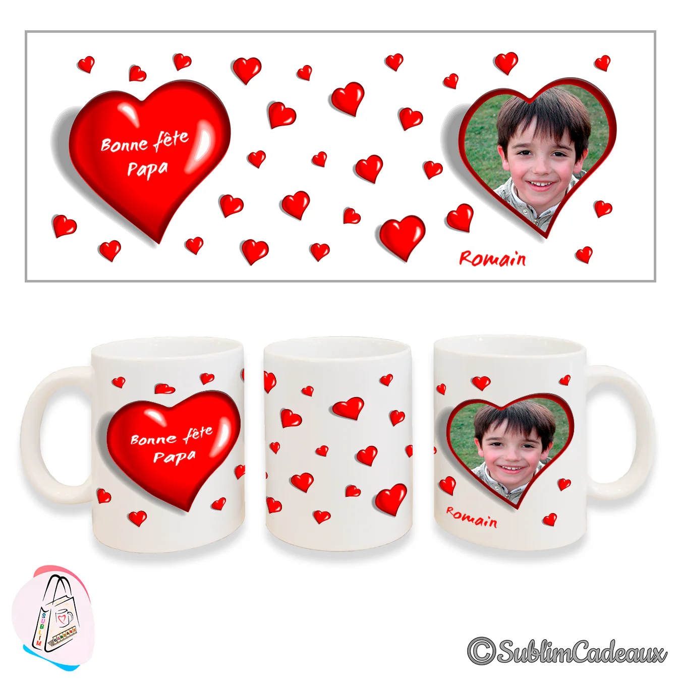 Mug blanc couvert de cœurs rouges, grand cœur « Bonne fête Papa » et cadre en forme de cœur avec la photo d'un garçon