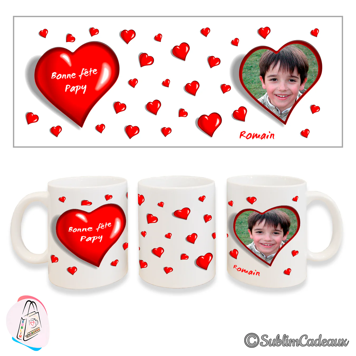 Mug blanc orné de petits cœurs rouges, grand cœur « Bonne fête Papy » et cadre cœur avec la photo d'un garçon souriant