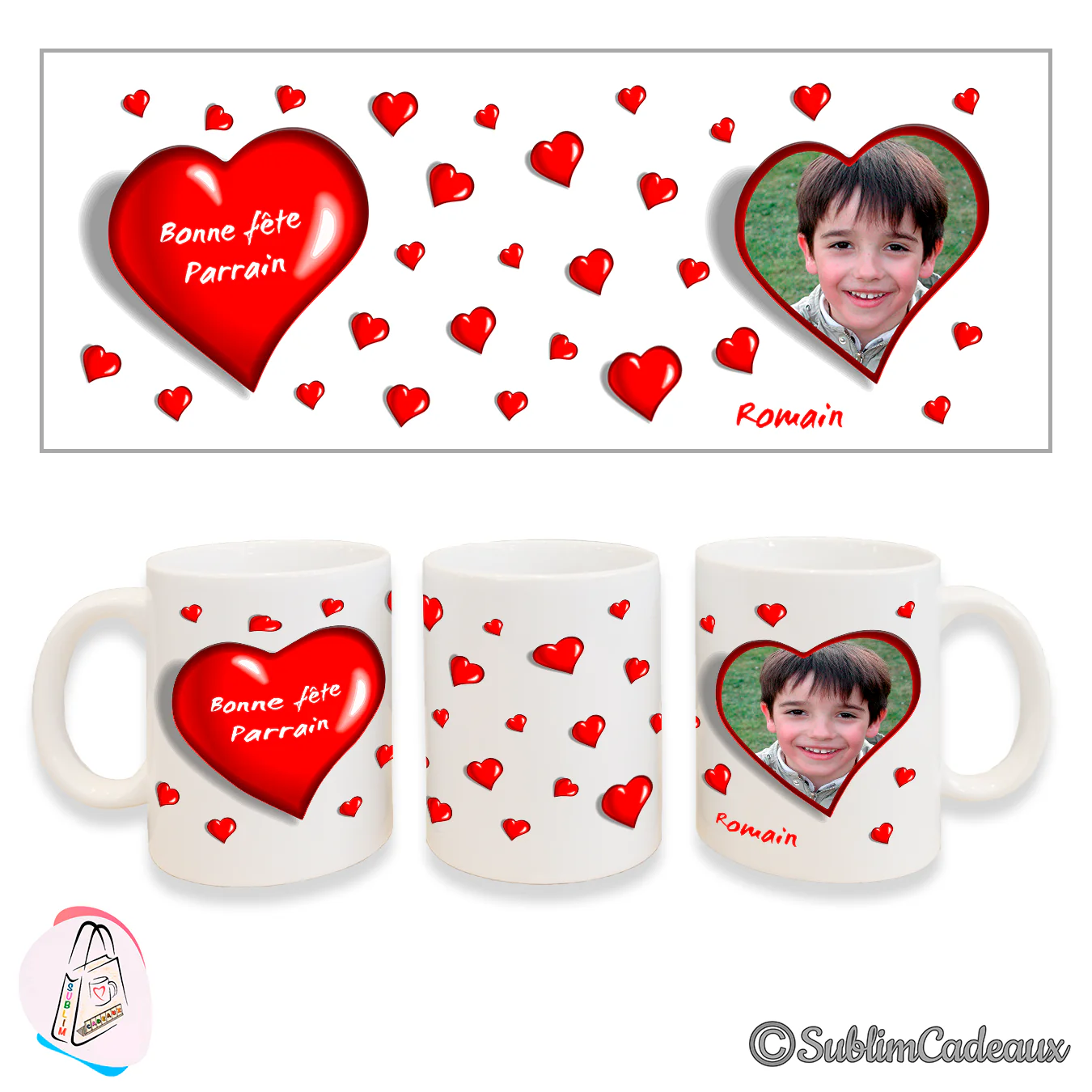 Mug blanc orné de cœurs rouges, grand cœur « Bonne fête Parrain » et cadre en cœur avec la photo d'un garçon souriant