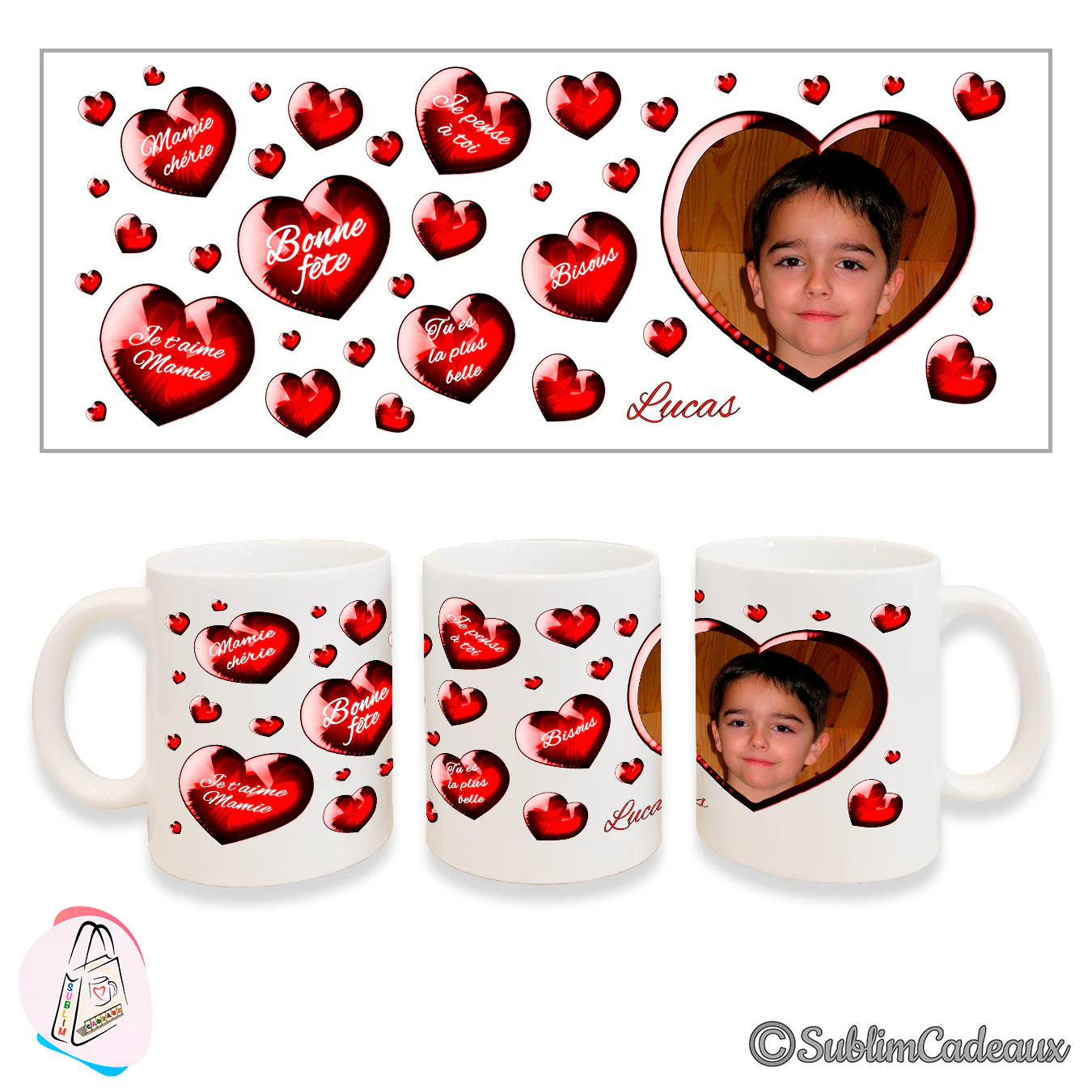 Mug blanc semé de cœurs rouges brillants 3D, messages « Mamie chérie », « Bonne fête » et cadre cœur, photo d'un garçon