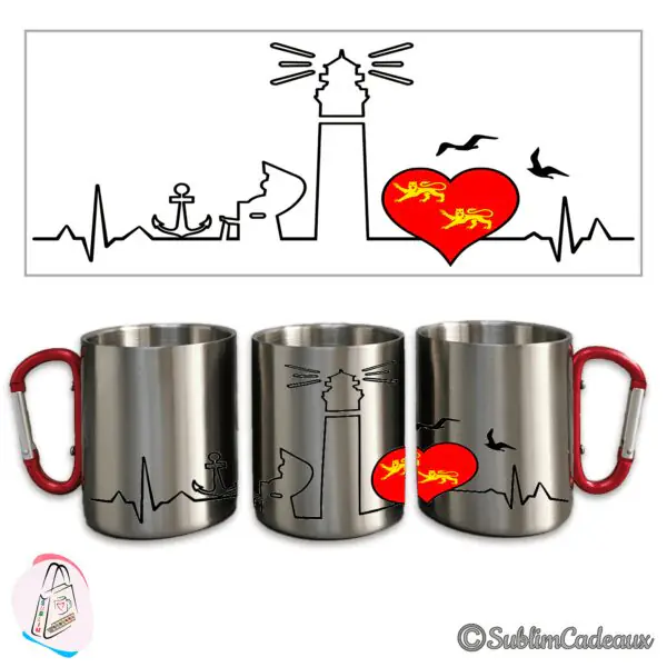 Mug en inox à anse mousqueton rouge, décor d'un phare, d'une ancre et d'un coeur rouge aux léopards normands
