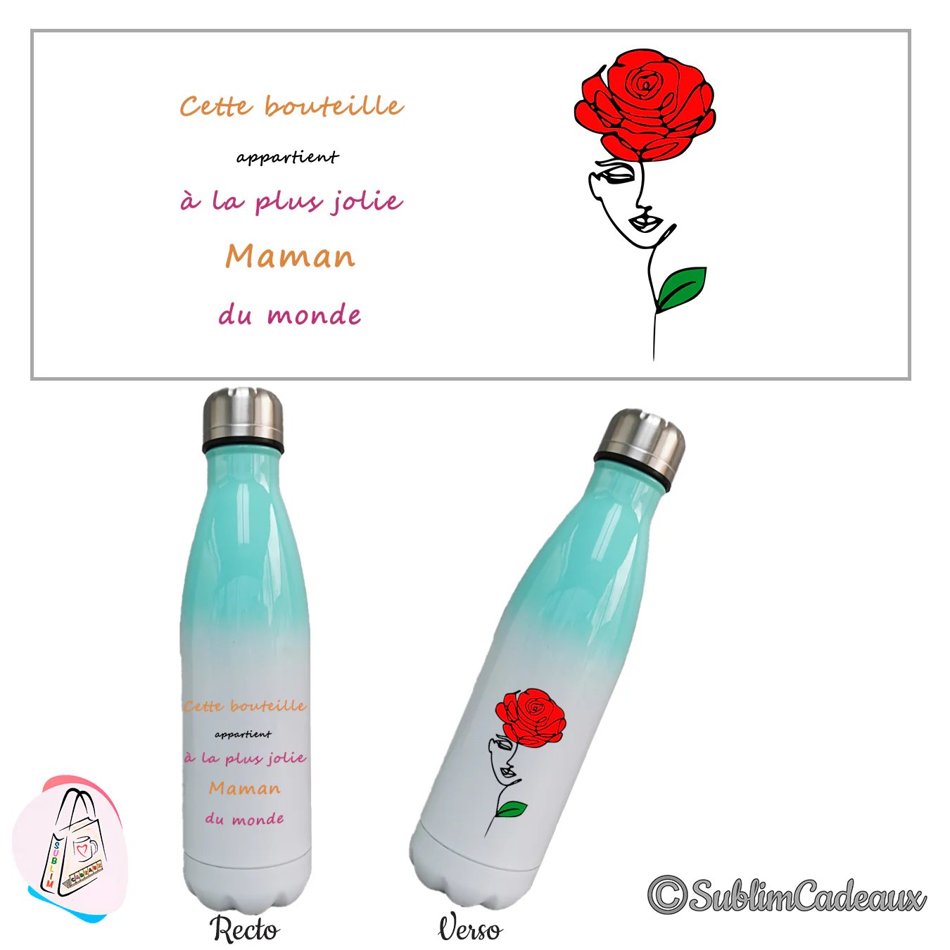 Bouteille isotherme dégradé vert menthe et blanc imprimée pour la plus jolie maman, texte et rose rouge