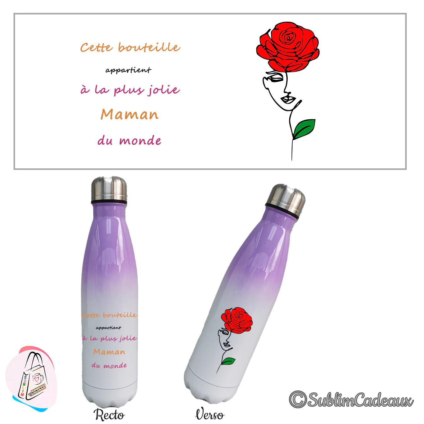 Bouteille isotherme dégradé lavande et blanc imprimée pour la plus jolie maman, recto texte et verso rose rouge