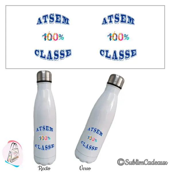 Bouteille isotherme blanche imprimée du texte ATSEM 100% classe en lettres bleues, le 100% en éclaboussures colorées