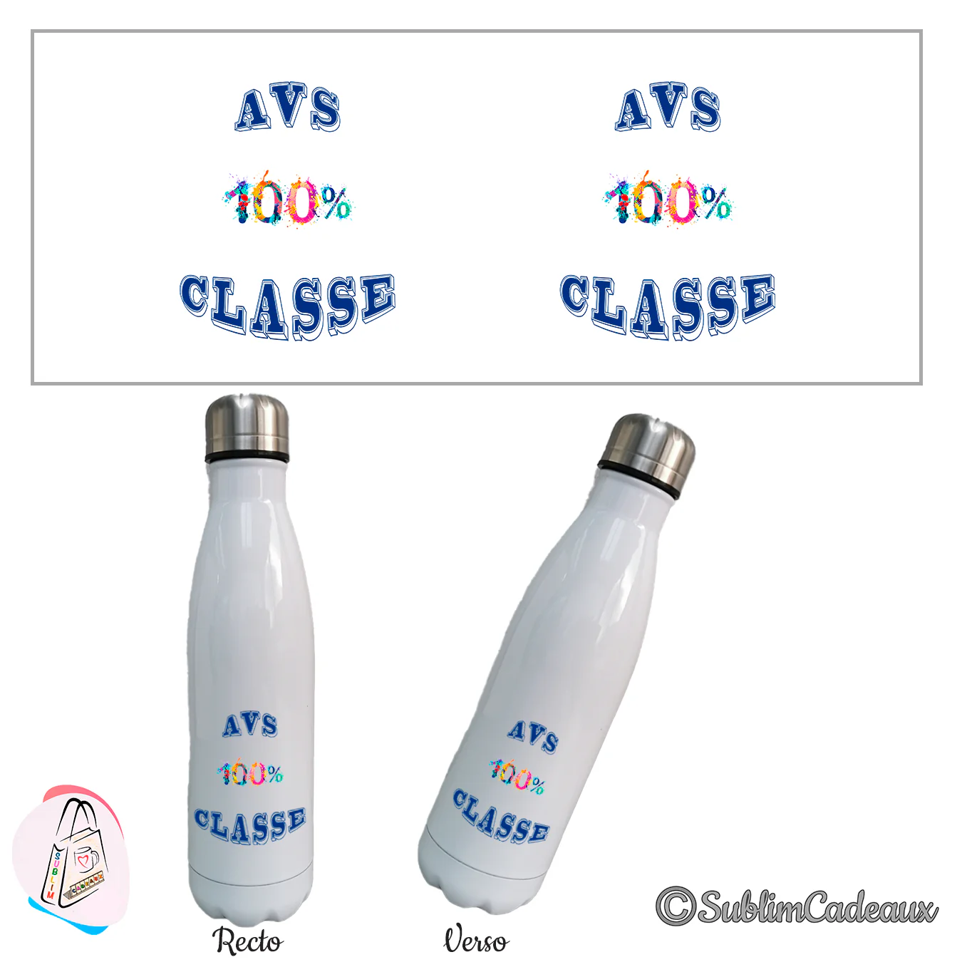 Bouteille isotherme blanche imprimée « AVS 100% classe » en lettres bleu marine et chiffres multicolores