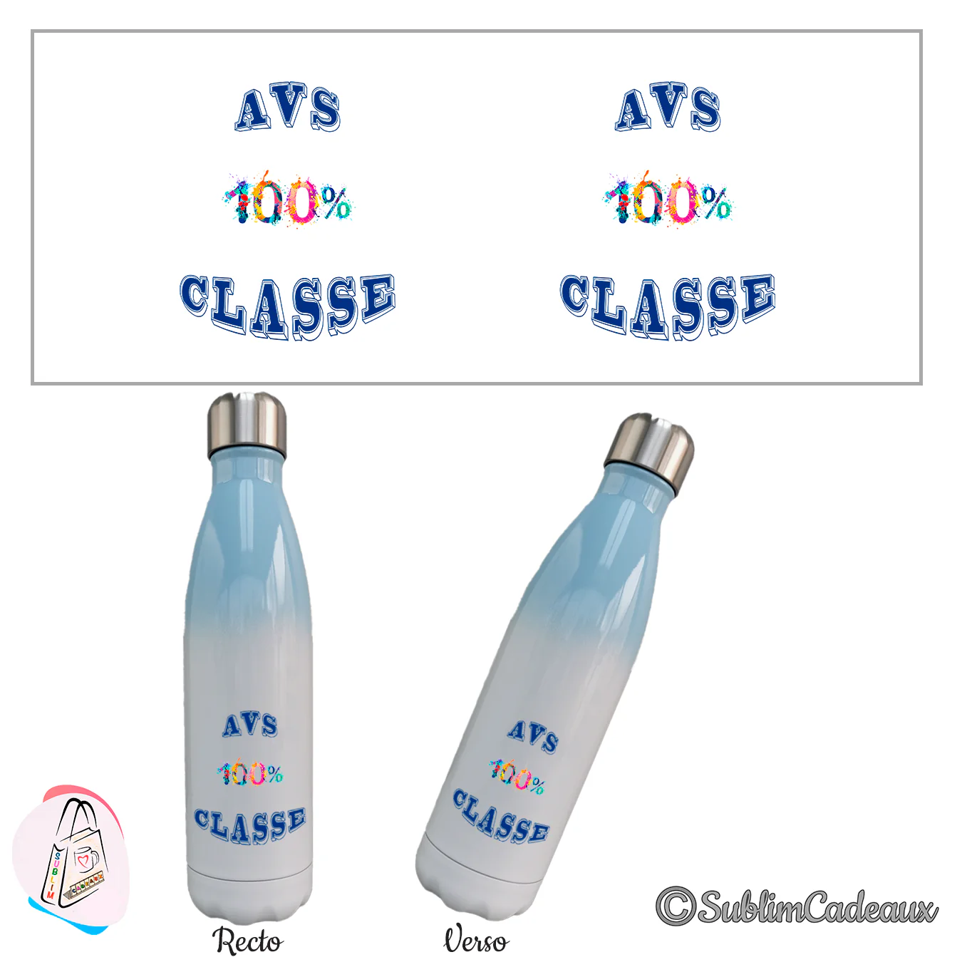 Bouteille isotherme dégradé bleu ciel et blanc, imprimée « AVS 100% classe » en lettres bleu marine