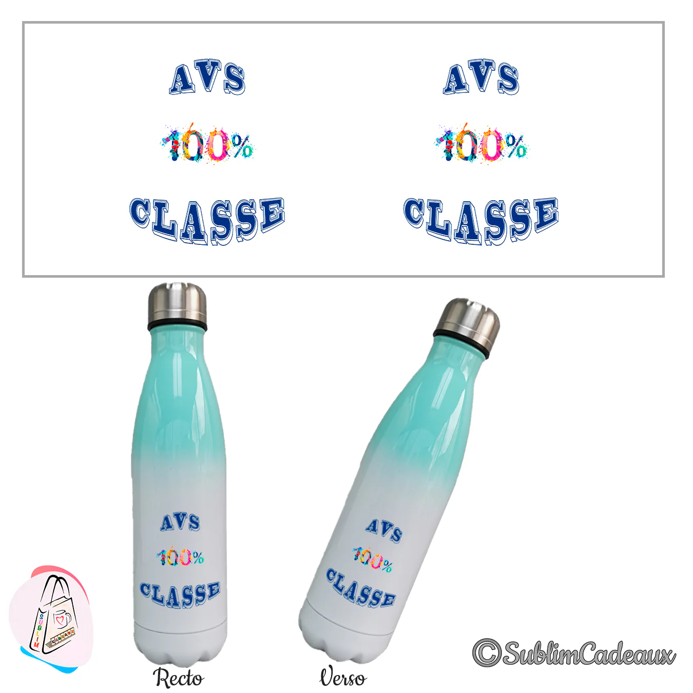 Bouteille isotherme dégradé vert d'eau et blanc, imprimée « AVS 100% classe » en lettres bleu marine