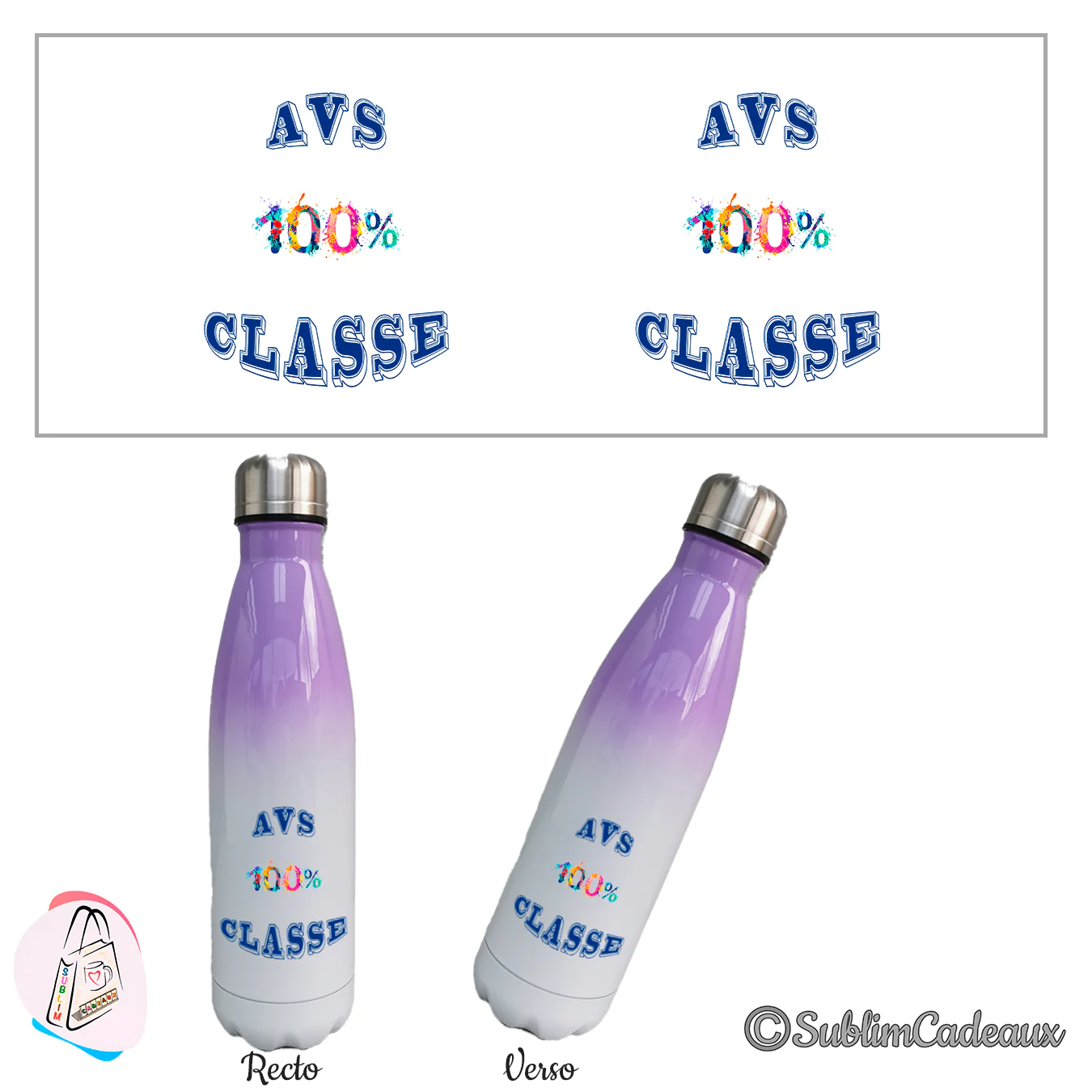 Bouteille isotherme dégradé violet et blanc, texte imprimé AVS 100% classe en bleu, chiffres multicolores, recto verso