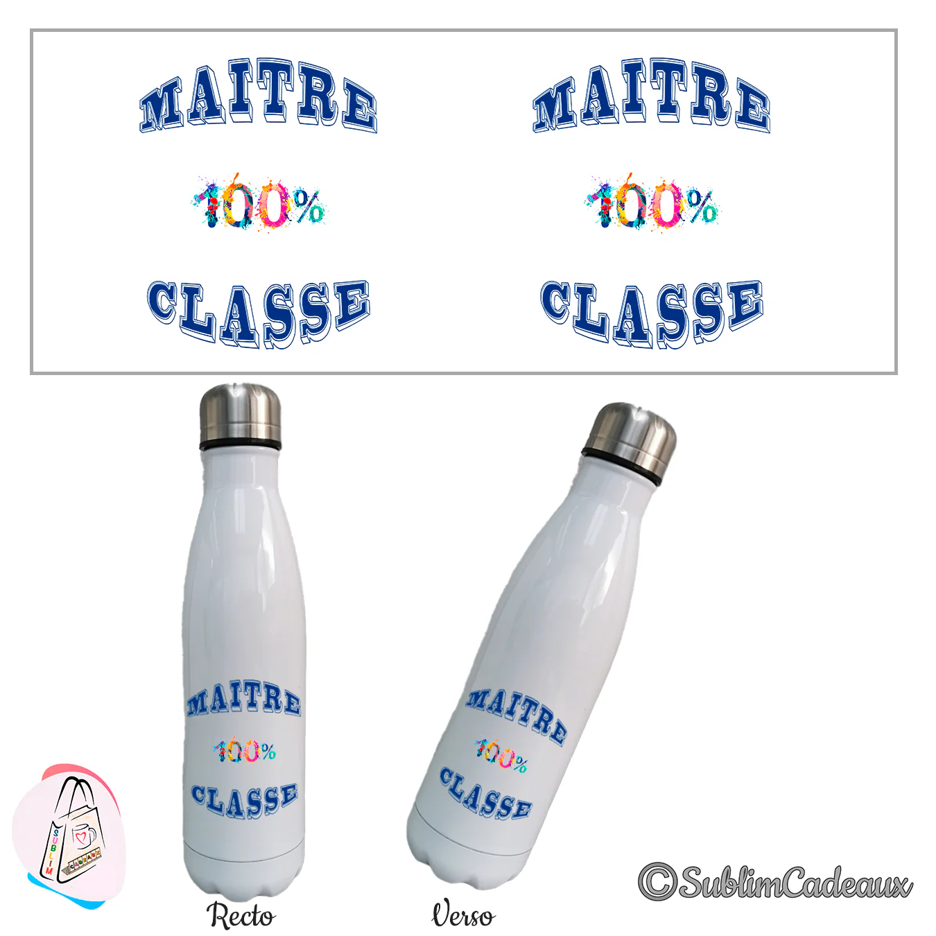 Bouteille isotherme blanche brillante, texte imprimé Maître 100% classe en bleu, chiffres multicolores