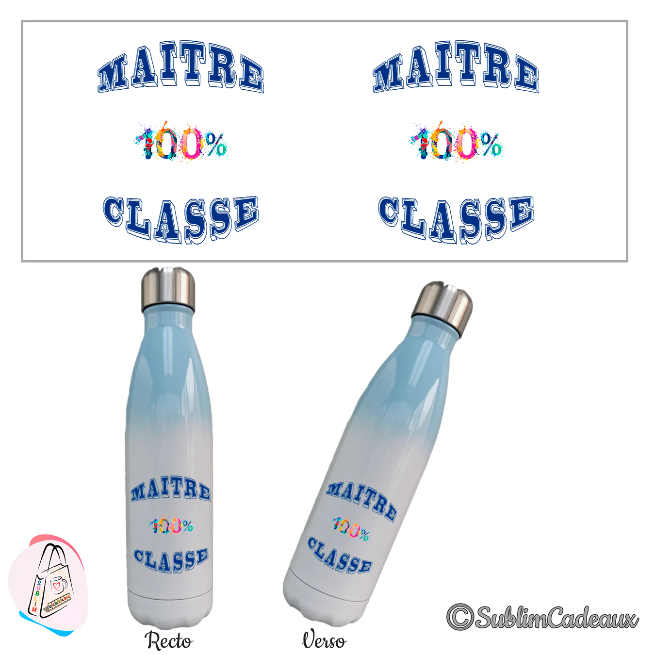Bouteille isotherme dégradé bleu ciel et blanc, texte imprimé Maître 100% classe en bleu, 100% multicolore