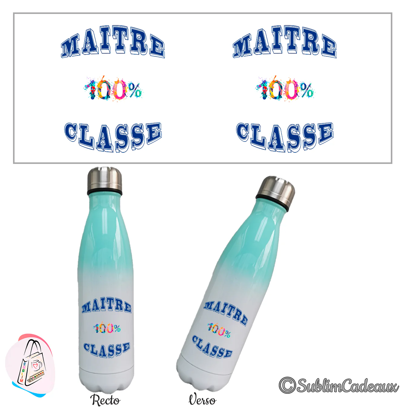 Bouteille isotherme dégradé turquoise et blanc, texte imprimé Maître 100% classe en bleu, 100% multicolore