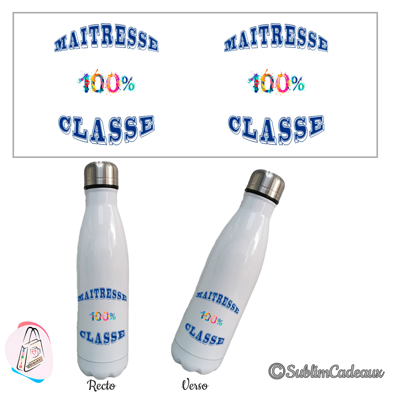 Bouteille isotherme blanche brillante, texte imprimé Maîtresse 100% classe en bleu, chiffres multicolores