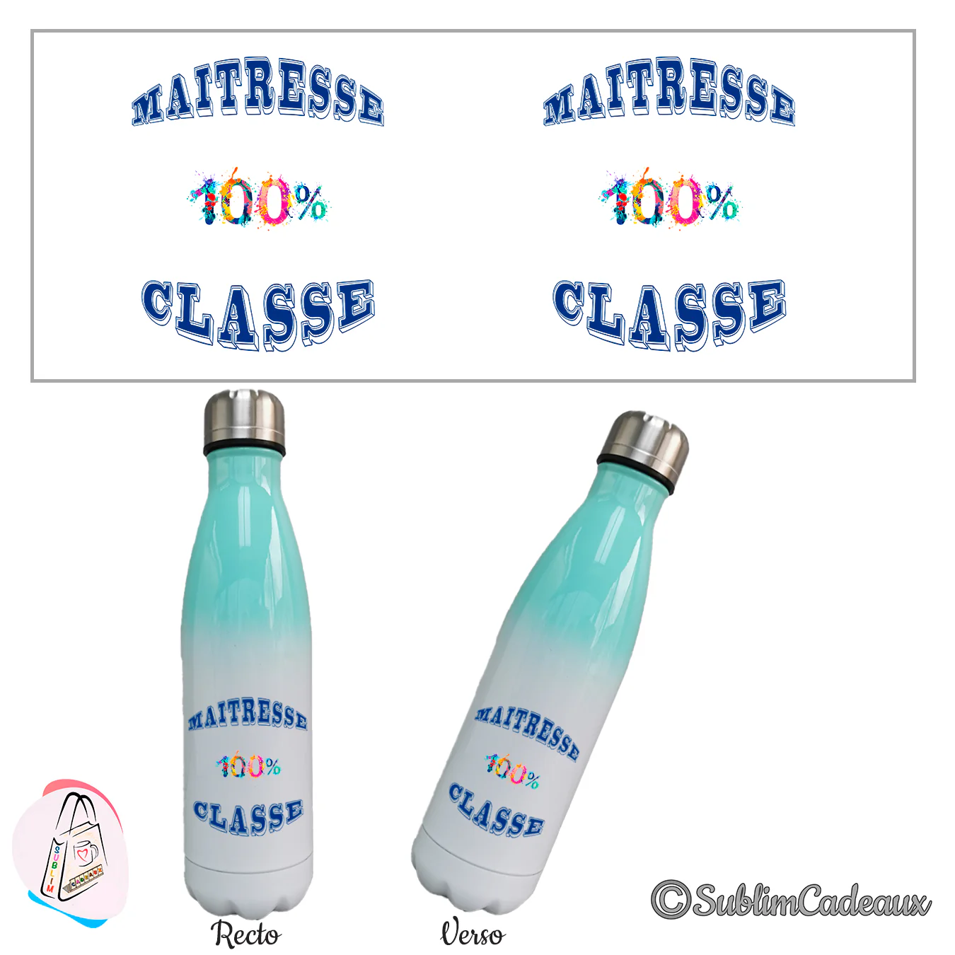 Bouteille isotherme dégradé turquoise et blanc, texte imprimé Maîtresse 100% classe, chiffres multicolores