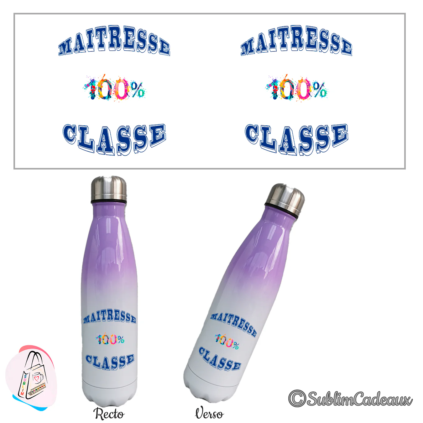 Bouteille isotherme dégradé violet et blanc, texte imprimé Maîtresse 100% classe en bleu, 100% multicolore