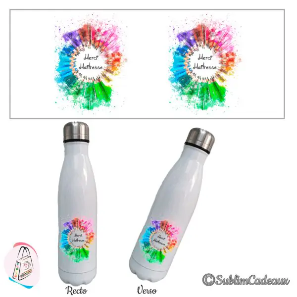 Bouteille isotherme blanche imprimée d'un cercle de crayons de couleur arc-en-ciel autour du texte Merci Maîtresse