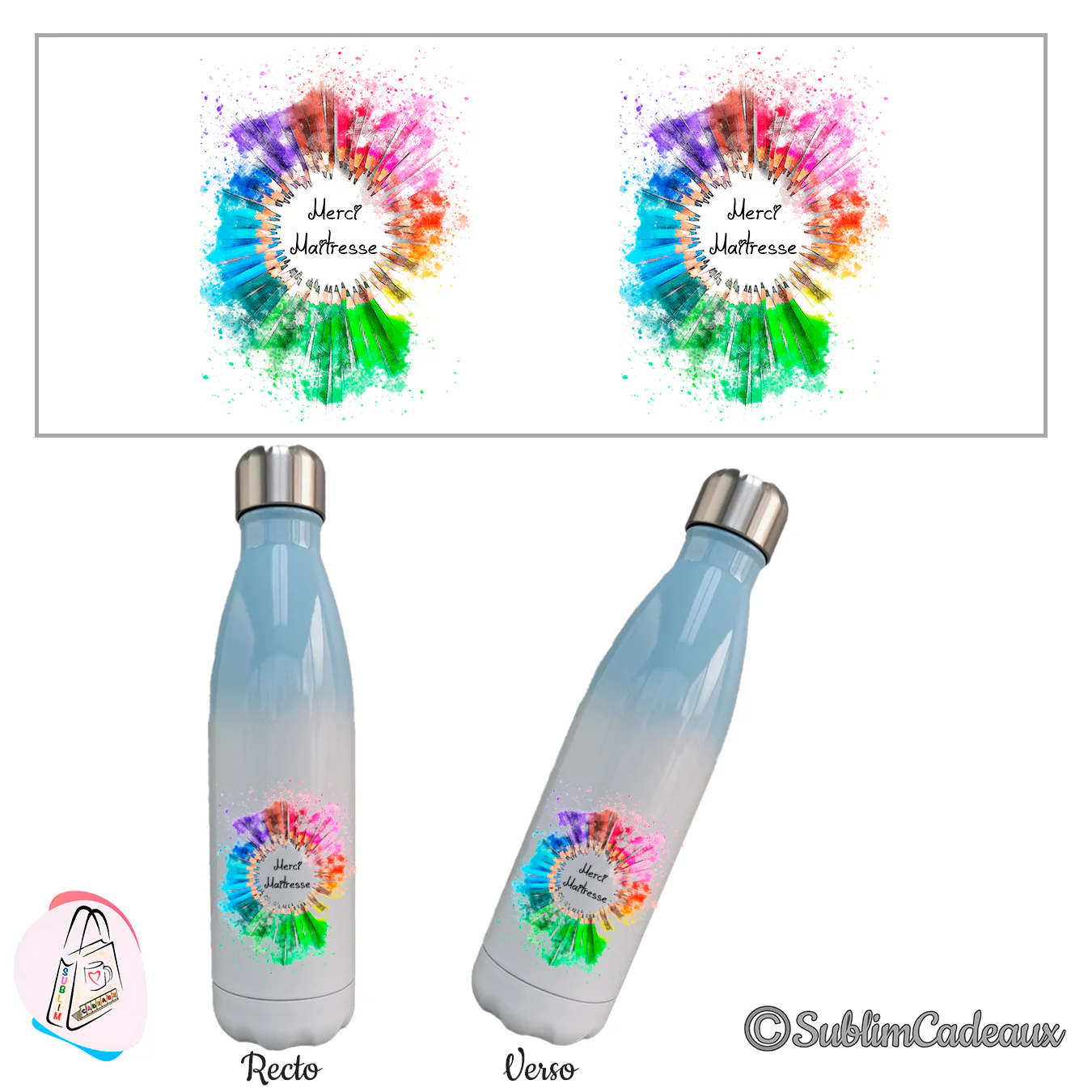 Bouteille isotherme dégradé bleu et blanc imprimée d'un cercle de crayons de couleur et « Merci Maîtresse »