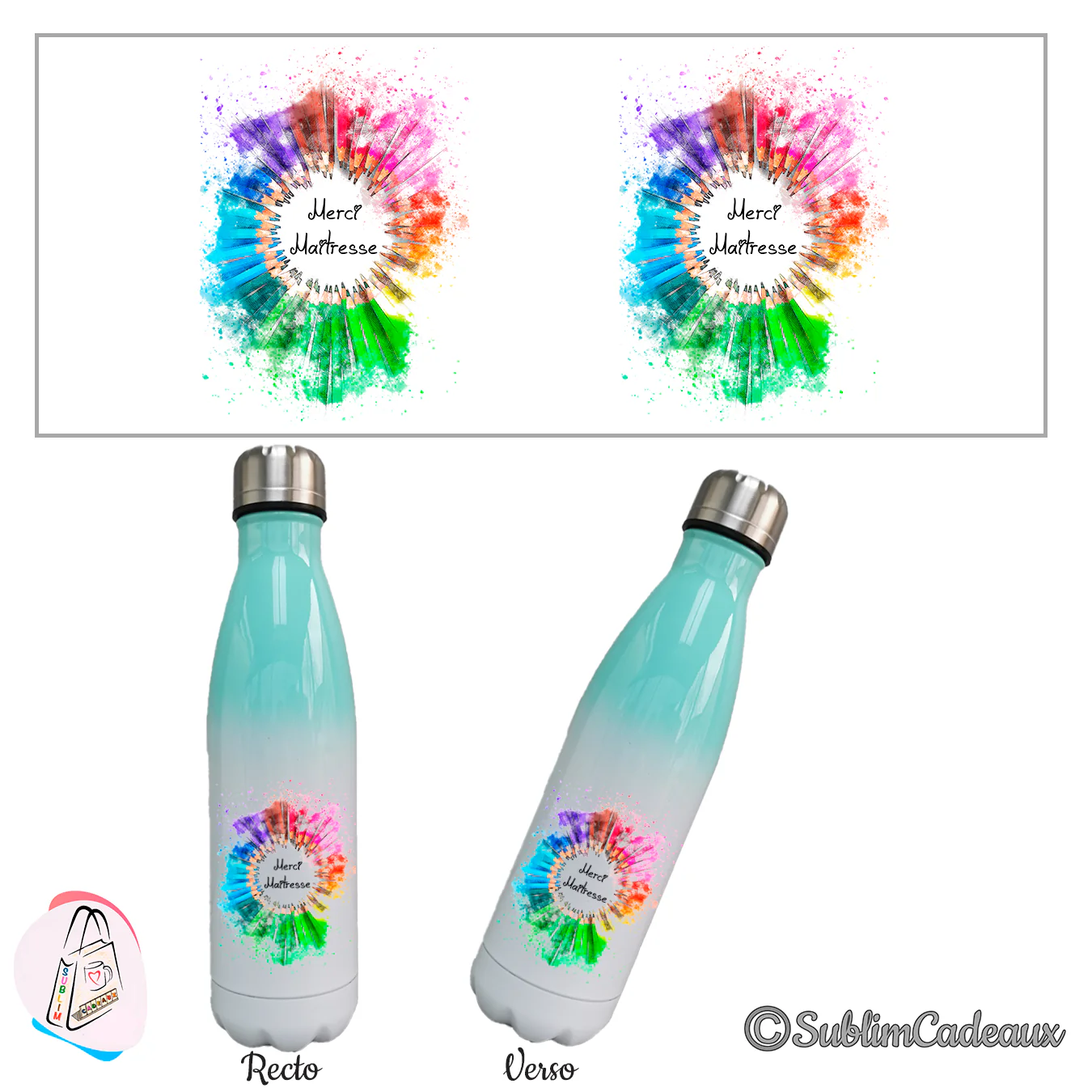 Bouteille isotherme dégradé vert menthe et blanc, cercle de crayons de couleur et texte « Merci Maîtresse »