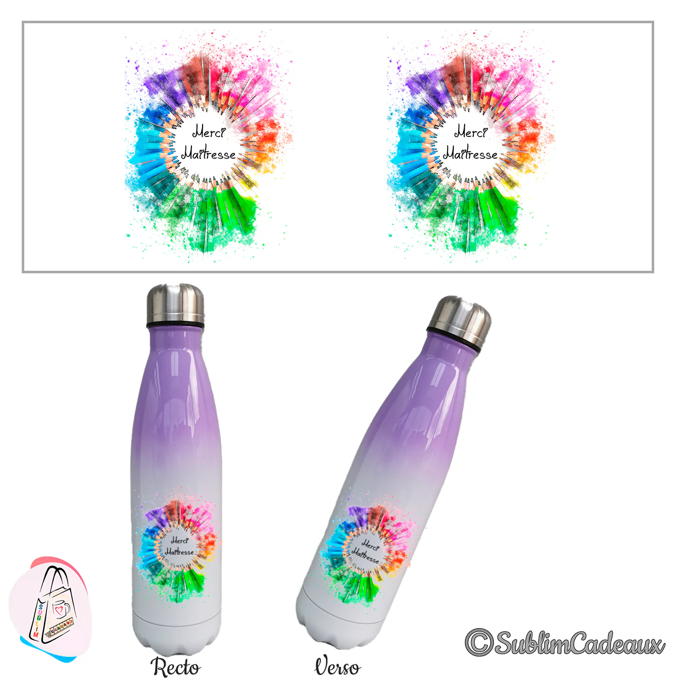Bouteille isotherme dégradé lavande et blanc, couronne de crayons de couleur et texte « Merci Maîtresse »