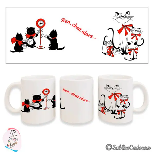 Mug blanc en céramique imprimé de chats noirs stylisés à nœuds rouges et du texte rouge « Ben, chat alors »