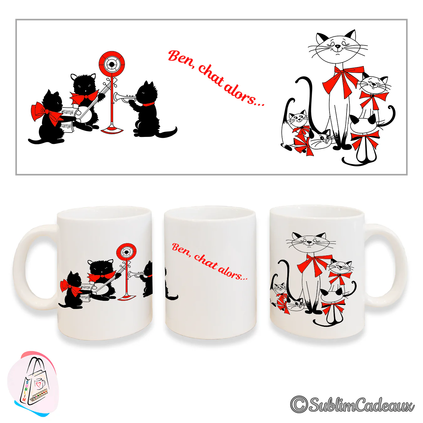 Mug blanc en céramique imprimé de chats noirs stylisés à nœuds rouges et du texte rouge « Ben, chat alors »