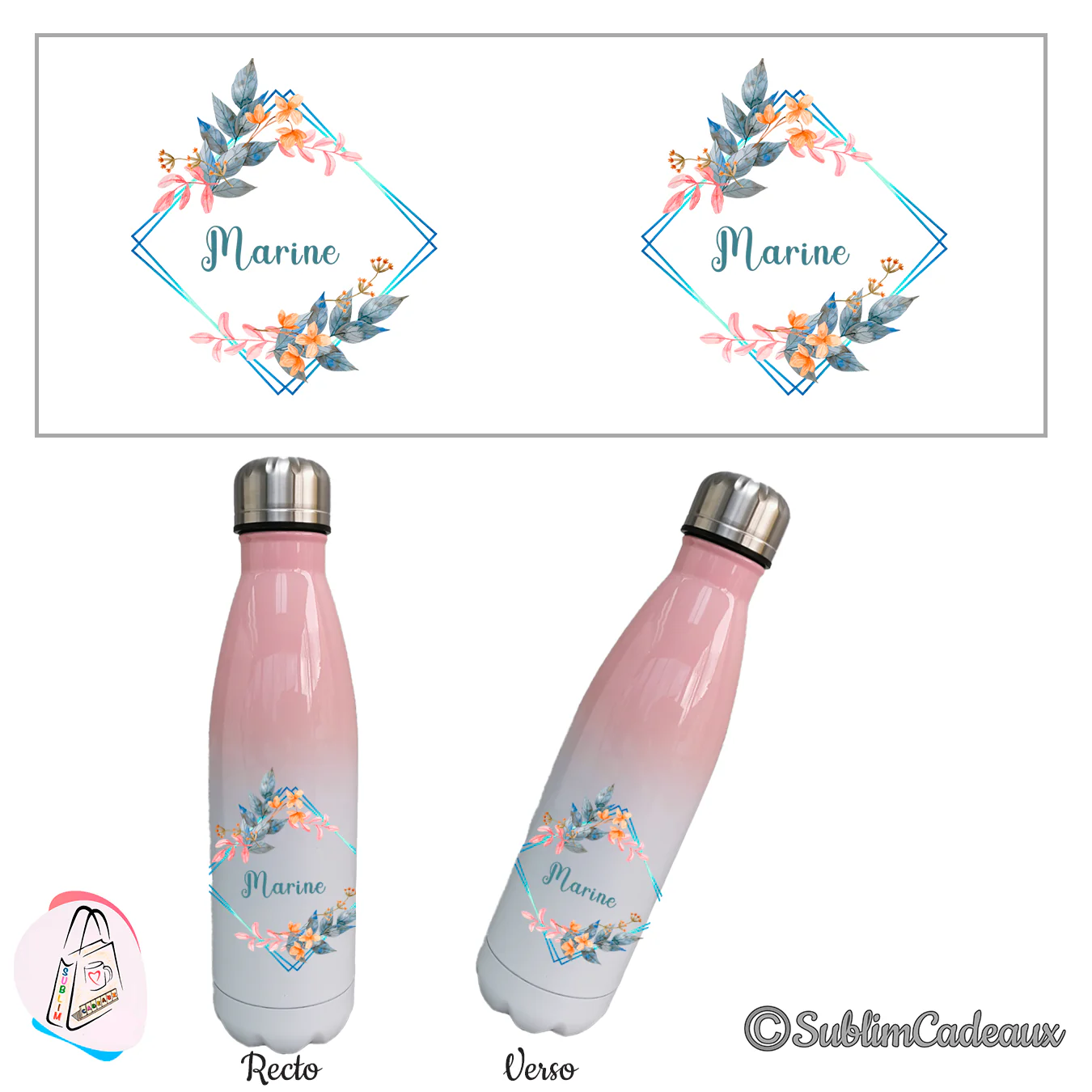 Bouteille isotherme dégradé rose et blanc, motif floral bleu et orange en cadre losange, texte Marine imprimé