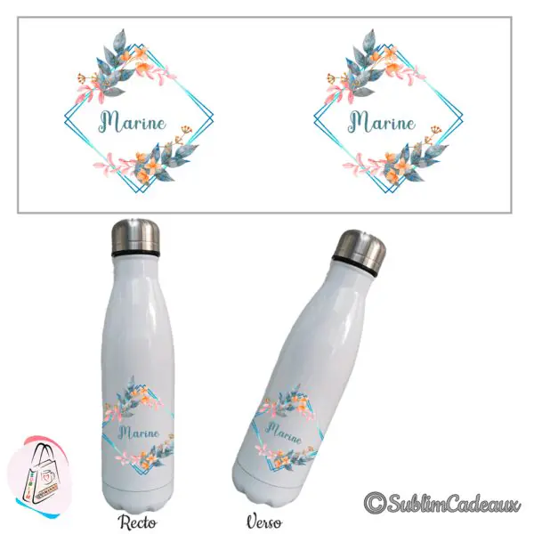 Bouteille isotherme blanche, cadre géométrique bleu et fleurs aquarelle orange, prénom à personnaliser au centre