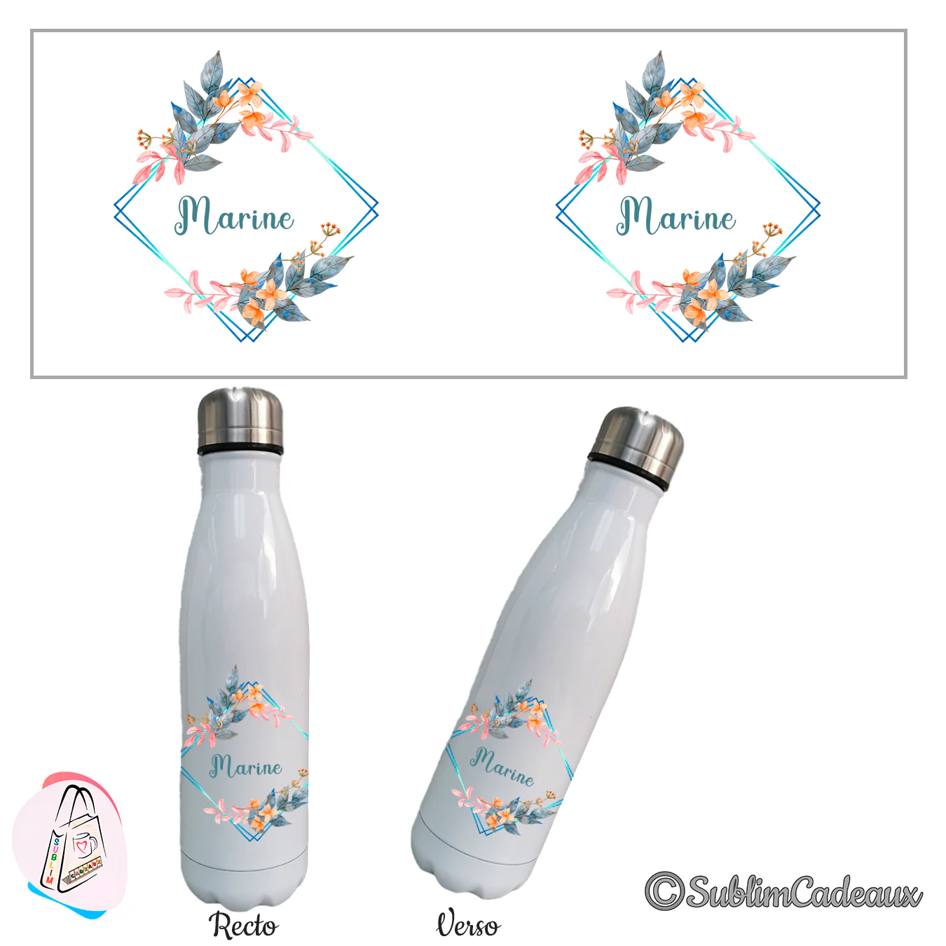 Bouteille isotherme blanche, cadre géométrique bleu et fleurs aquarelle orange, prénom à personnaliser au centre