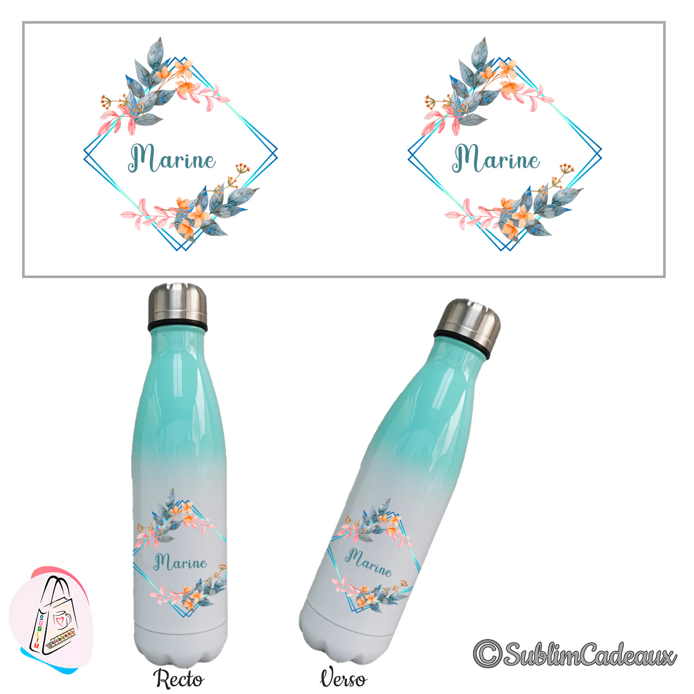Bouteille isotherme dégradé turquoise et blanc, motif floral bleu et orange en cadre losange, texte Marine imprimé