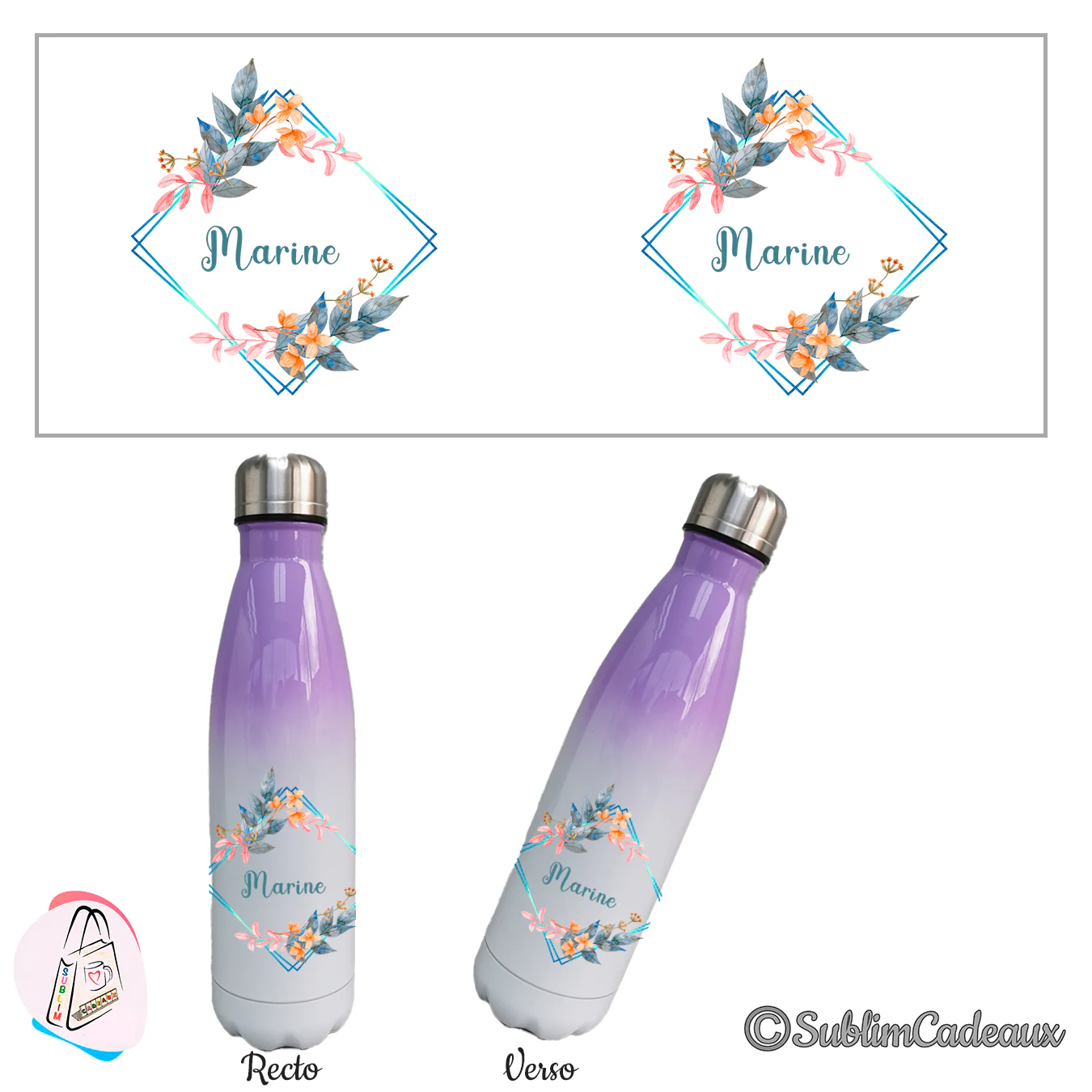 Bouteille isotherme dégradé violet et blanc, motif floral bleu et orange en cadre losange, texte Marine imprimé