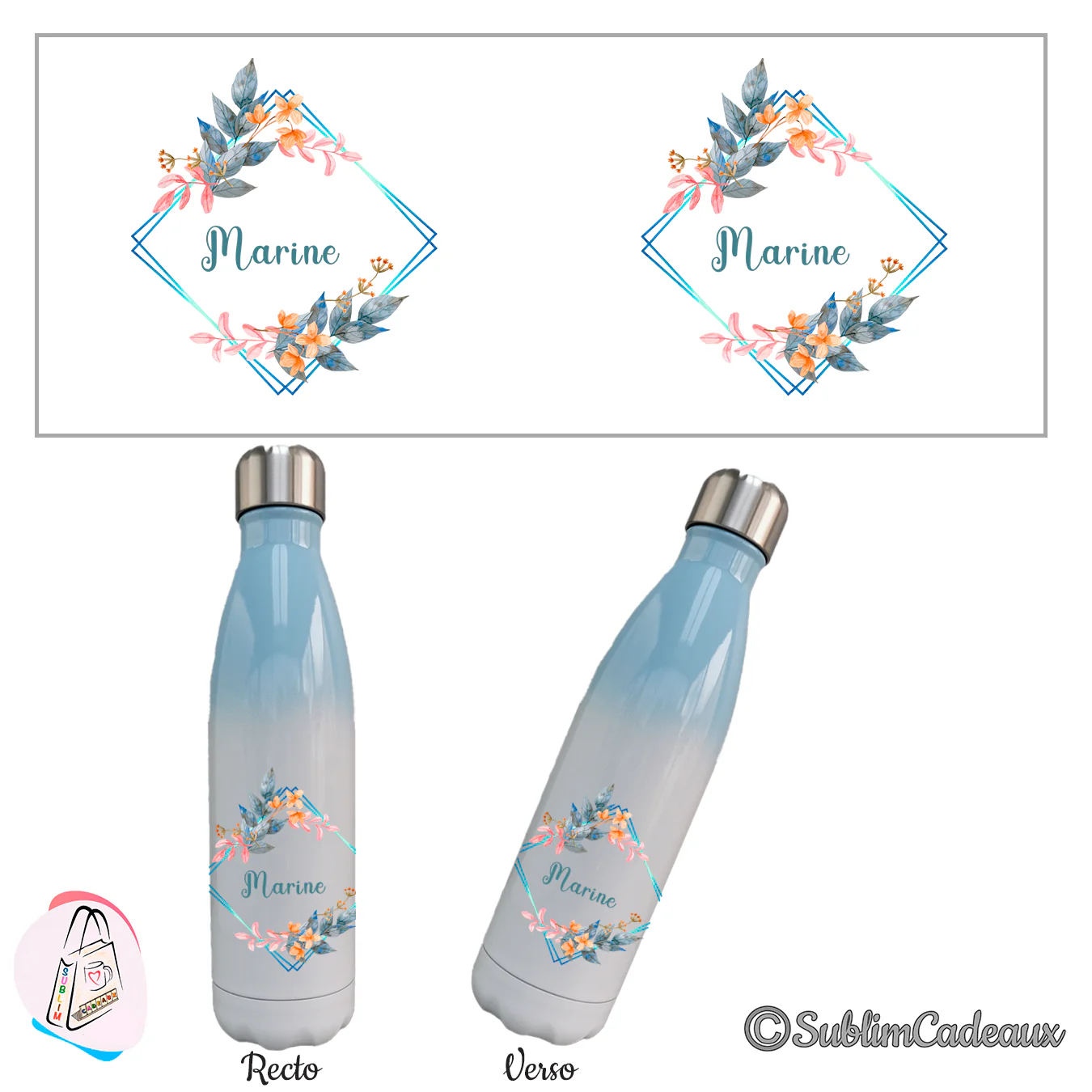 Bouteille isotherme dégradé bleu ciel et blanc, motif floral bleu et orange en cadre losange, texte Marine imprimé