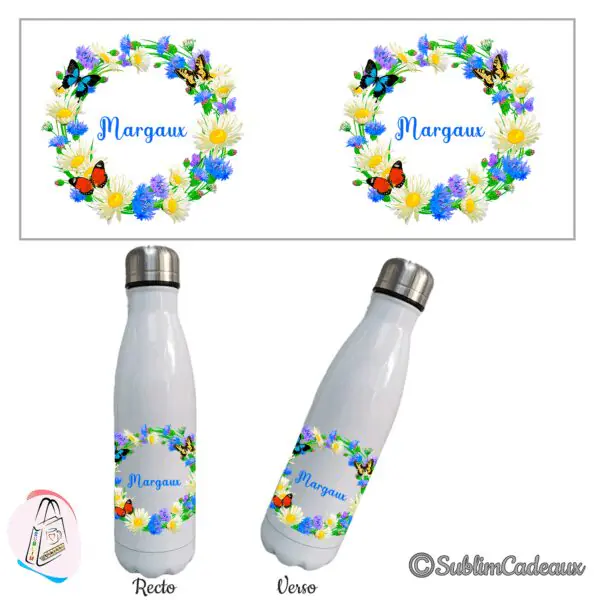 Gourde isotherme blanche, couronne de fleurs des champs et papillons colorés, prénom à personnaliser au centre