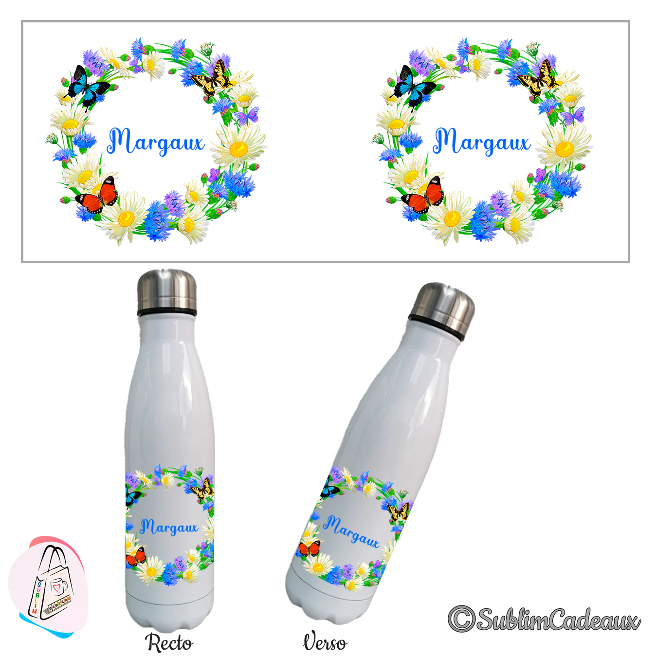 Gourde isotherme blanche, couronne de fleurs des champs et papillons colorés, prénom à personnaliser au centre