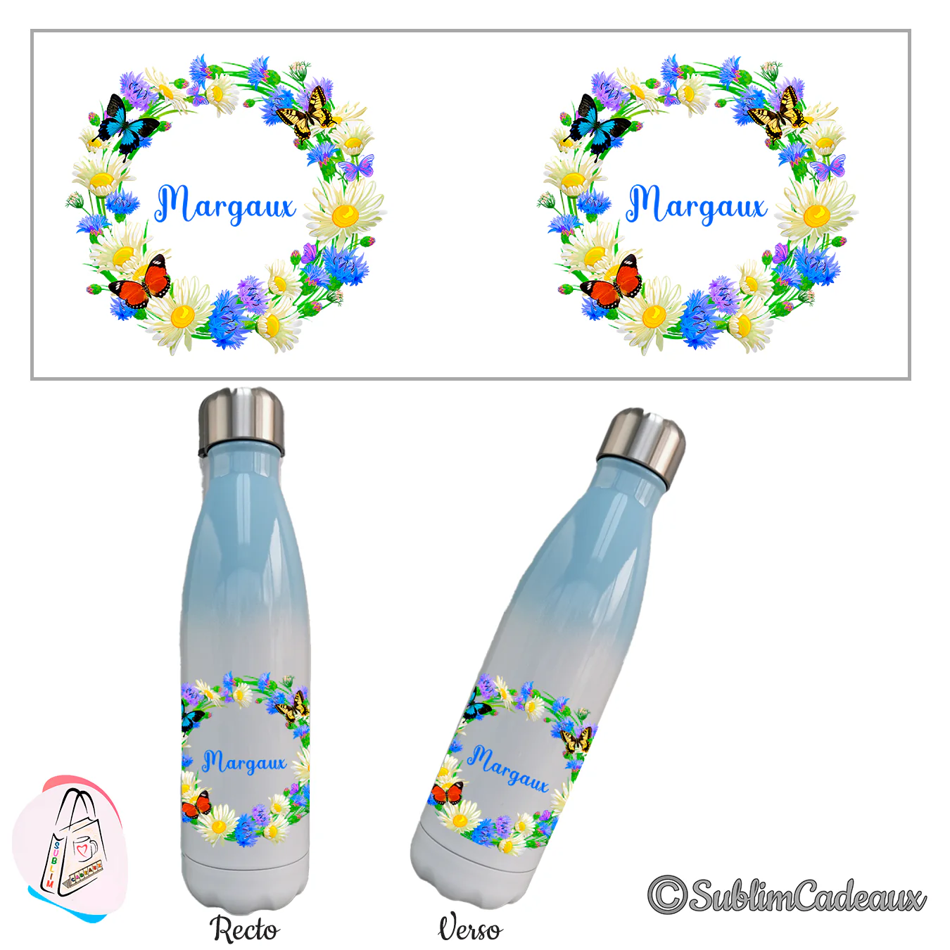 Bouteille isotherme dégradé bleu ciel et blanc, couronne de marguerites, bleuets et papillons, texte Margaux imprimé